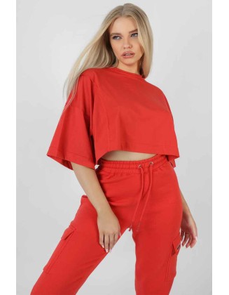 Exposed Seam Oversized Cropped T-Shirt Red
