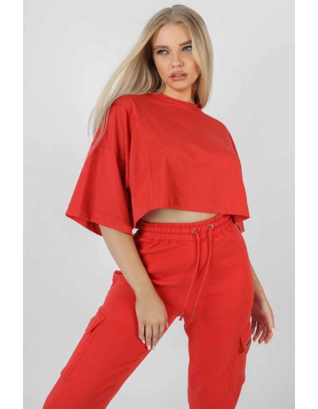 Exposed Seam Oversized Cropped T-Shirt Red