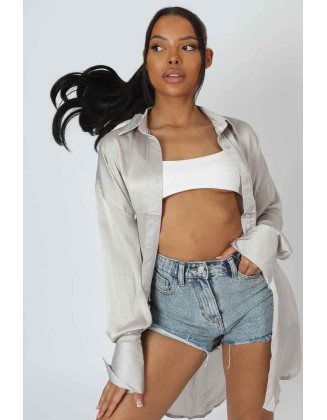 Oversized Satin Shirt Silver