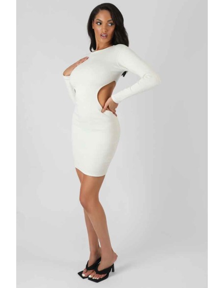 Ribbed Cut Out Waist Dress Ivory
