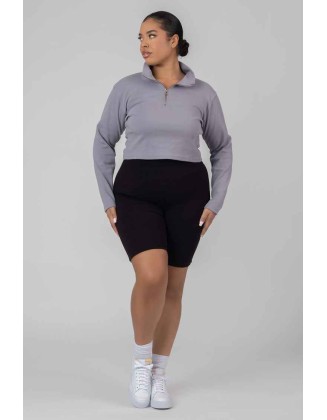 Curve High Neck Half Zip Pullover Top Grey Acid Wash