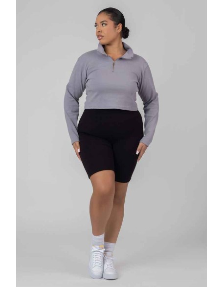 Curve High Neck Half Zip Pullover Top Grey Acid Wash