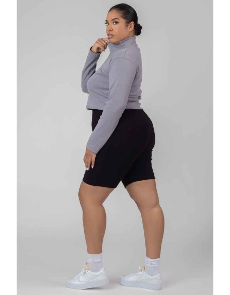 Curve High Neck Half Zip Pullover Top Grey Acid Wash