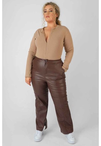 Curve Zip Front Ribbed Bodysuit Light Brown