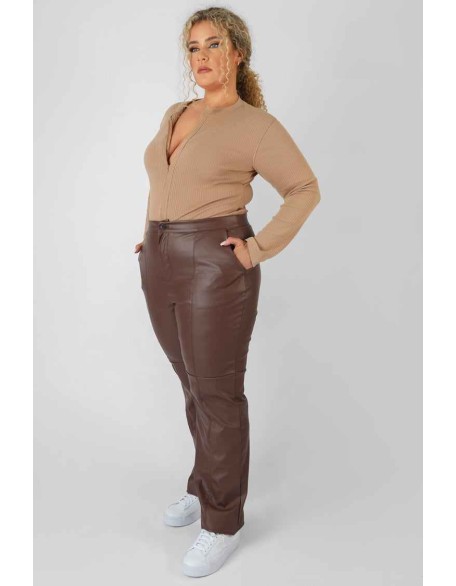Curve Zip Front Ribbed Bodysuit Light Brown