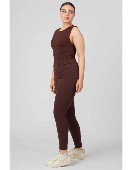 Thick Waistband Ribbed Leggings In Chocolate