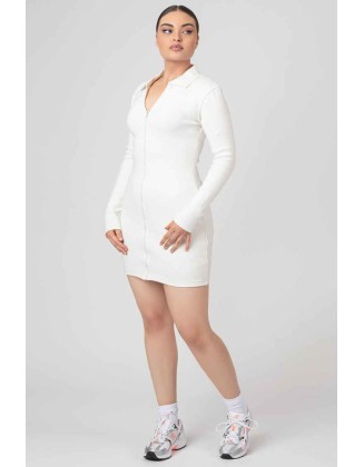 Zip Through Collared Mini Dress Ecru