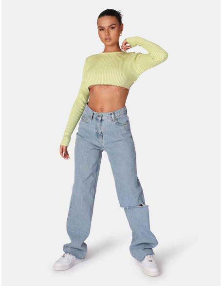 Open Chain Back Knitted Crop Top Lime