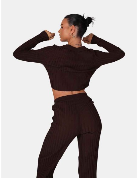 Ribbed Knitted Wide Leg Trousers Chocolate