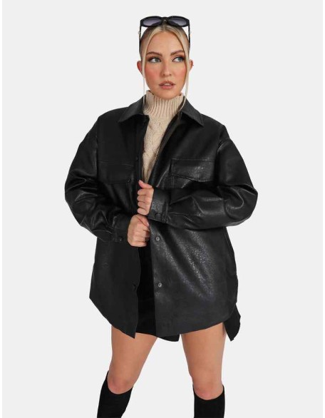 Vegan Leather Pocket Oversized Shacket Black