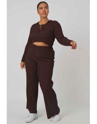 Curve Ribbed Knitted Wide Leg Trousers Chocolate