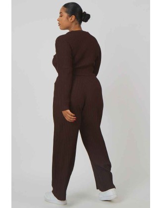 Curve Ribbed Knitted Wide Leg Trousers Chocolate
