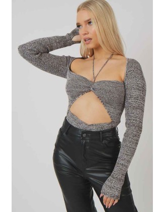 Space Dye Cut Out Strappy Long Sleeve Bodysuit Brown