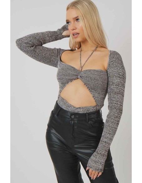 Space Dye Cut Out Strappy Long Sleeve Bodysuit Brown