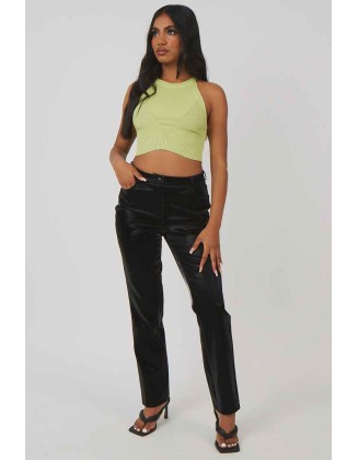 Knitted High Neck Racer Crop Top Lime