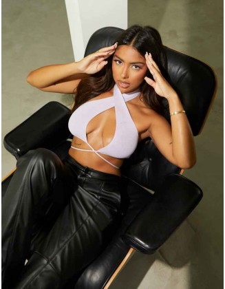 Wrap Front Halter Crop Top Lilac