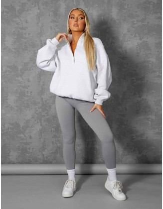 Oversized Half Zip Pullover Pocket Front Sweatshirt Oatmeal Marl