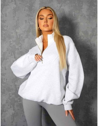 Oversized Half Zip Pullover Pocket Front Sweatshirt Oatmeal Marl