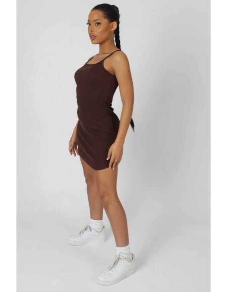 Strappy Mini Curved Hem Dress Coffee