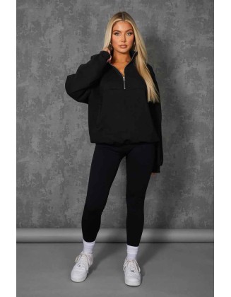 Oversized Half Zip Pullover Pocket Front Sweatshirt Black