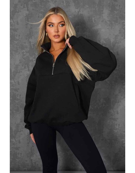 Oversized Half Zip Pullover Pocket Front Sweatshirt Black