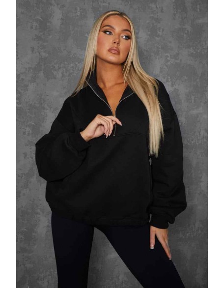 Oversized Half Zip Pullover Pocket Front Sweatshirt Black