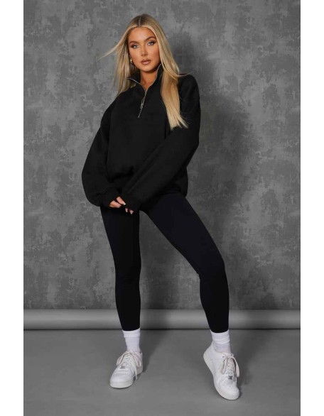 Oversized Half Zip Pullover Pocket Front Sweatshirt Black