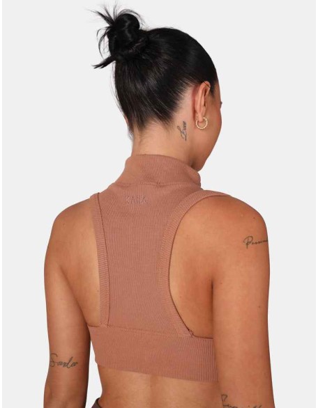 High Neck Racer Low Side Rib Crop Top Cinnamon