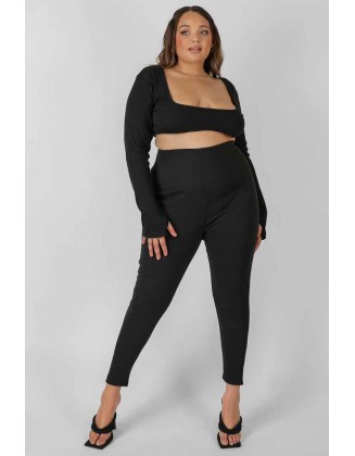 Curve Thick Waistband Ribbed Leggings Black
