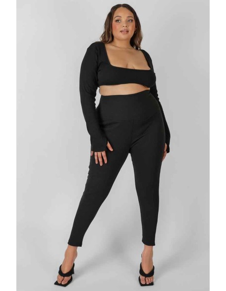 Curve Thick Waistband Ribbed Leggings Black