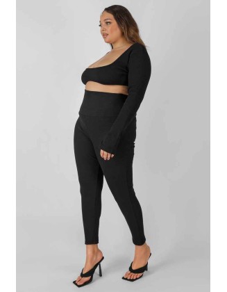 Curve Thick Waistband Ribbed Leggings Black
