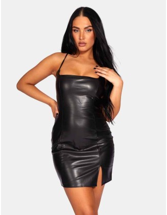 Lace Up Pu Mini Dress Black