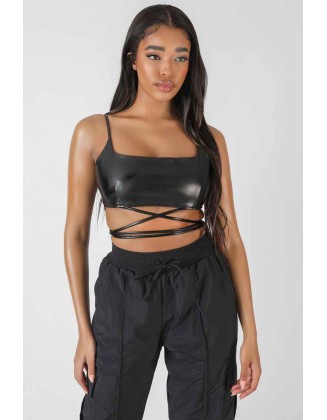 Pu Square Neck Wrap Bralet Black