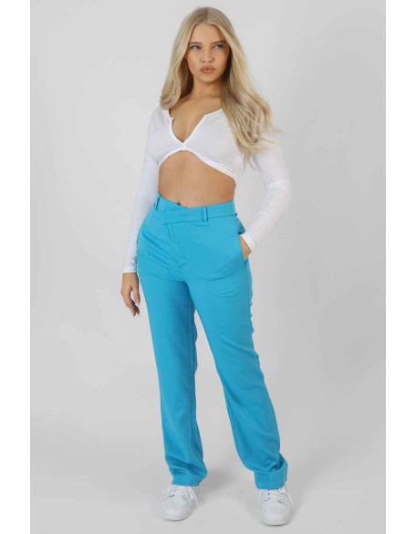 Wrap Waistband Straight Leg Trouser Blue