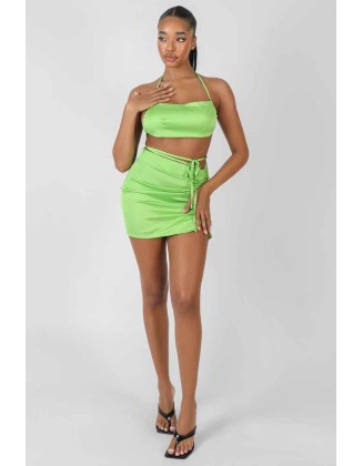 Satin Ruched Detail Mini Skirt Green