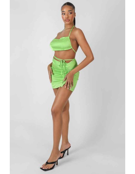 Satin Ruched Detail Mini Skirt Green