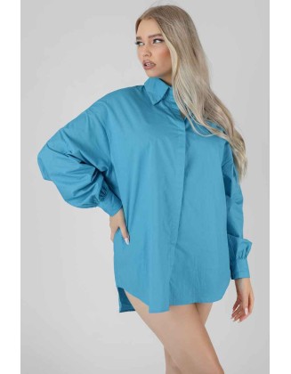 Kaiia Print Oversized Poplin Shirt Blue