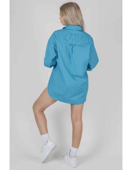 Kaiia Print Oversized Poplin Shirt Blue