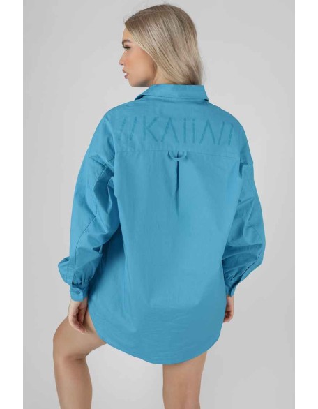 Kaiia Print Oversized Poplin Shirt Blue