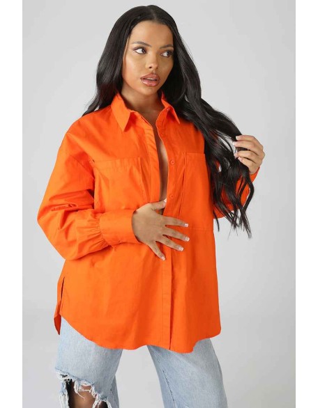Oversized Pocket Poplin Shirt Orange