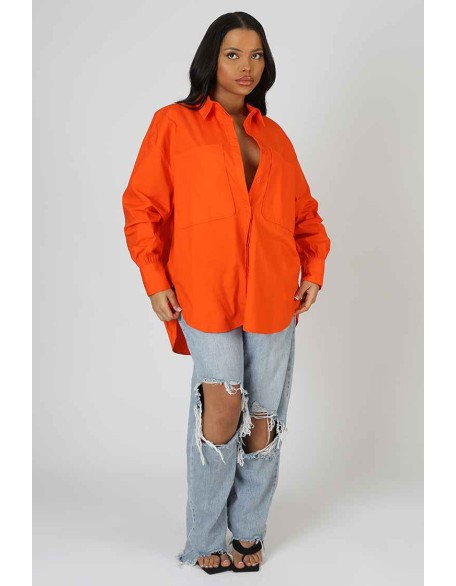 Oversized Pocket Poplin Shirt Orange