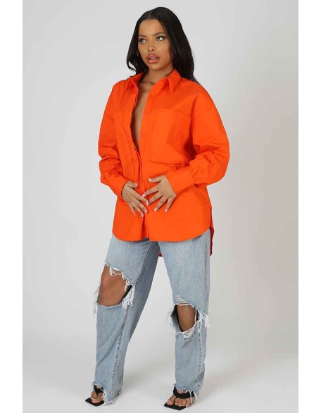 Oversized Pocket Poplin Shirt Orange