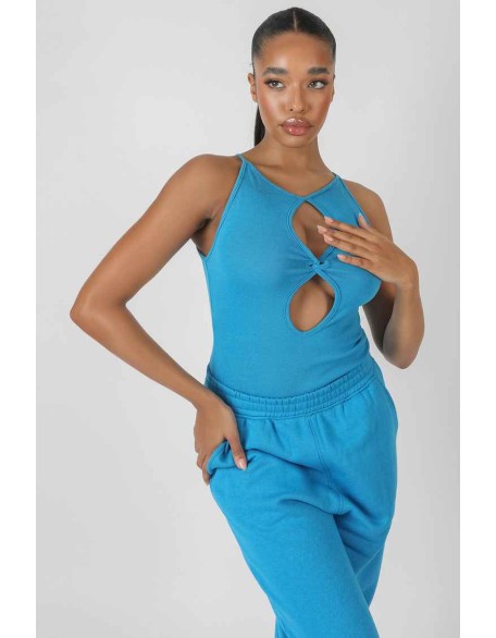 Twist Keyhole Sleeveless Bodysuit Blue