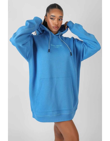Contrast Stitch Slogan Hoodie Sweat Dress Blue