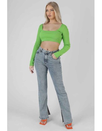 Long Sleeve Square Neck Crop Top Green