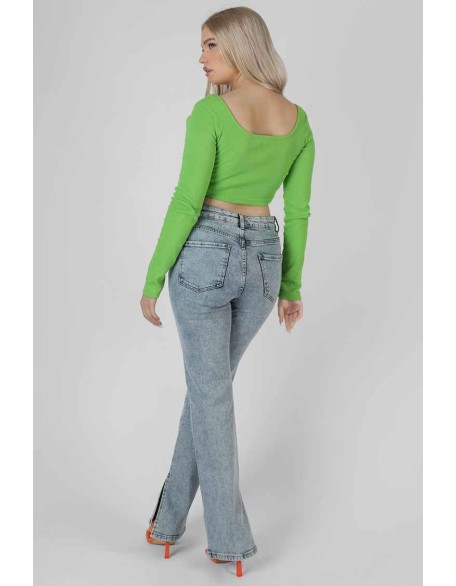 Long Sleeve Square Neck Crop Top Green