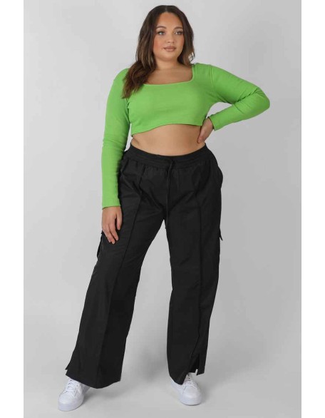 Curve Long Sleeve Square Neck Crop Top Green
