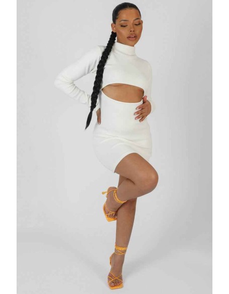 Long Sleeve Waist Cut Out Mini Dress Ivory