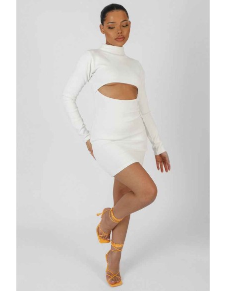 Long Sleeve Waist Cut Out Mini Dress Ivory