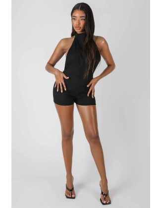 Sleeveless Short Ribbed Backless Unitard Black